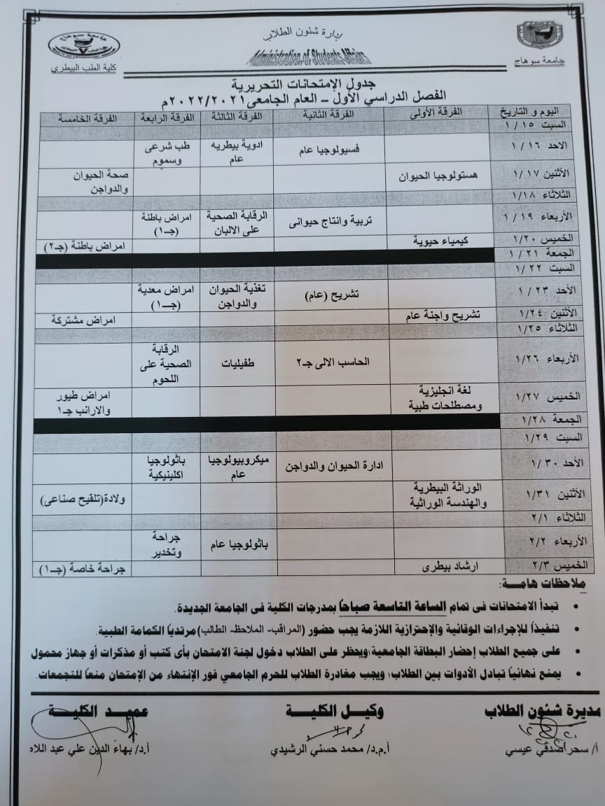 جداول الامتحانات الخاصة بكلية الطب البيطري للعام الجامعي 2021/2022