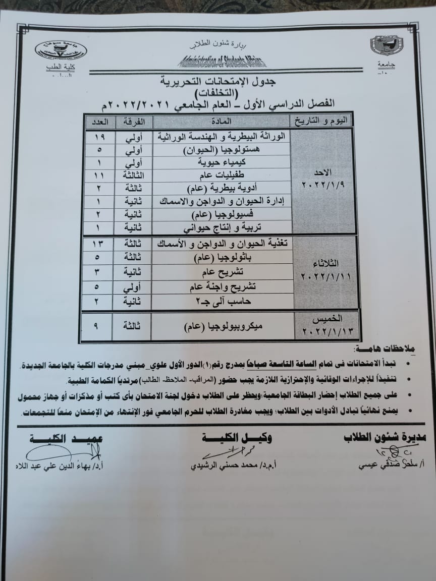 جداول الامتحانات الخاصة بكلية الطب البيطري للعام الجامعي 2021/2022