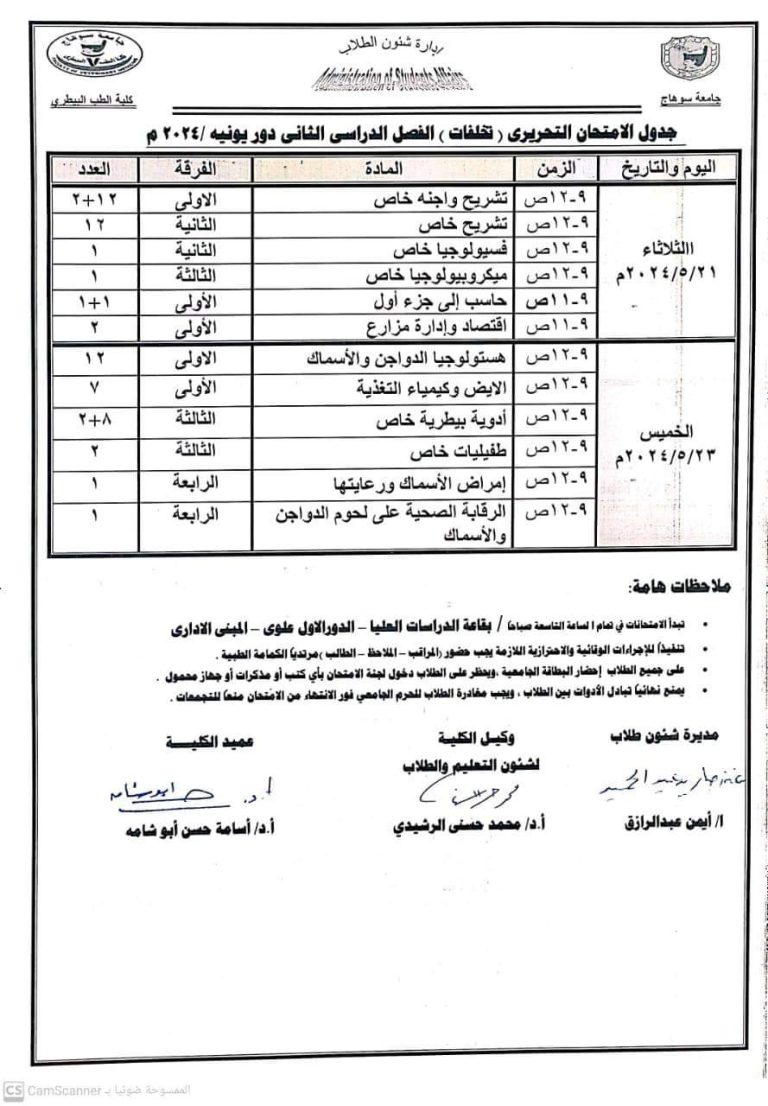 جدول الامتحان التحريري(تخلفات) الفصل الدراسي الثاني دور يونيه ٢٠٢٤