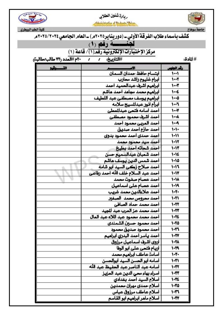 قوائم لجان الإمتحانات بأسماء وأرقام جلوس طلاب الفرقة الدراسية الأولى بكلية الطب البيطري لإمتحانات الترم الأول (يناير2025م)