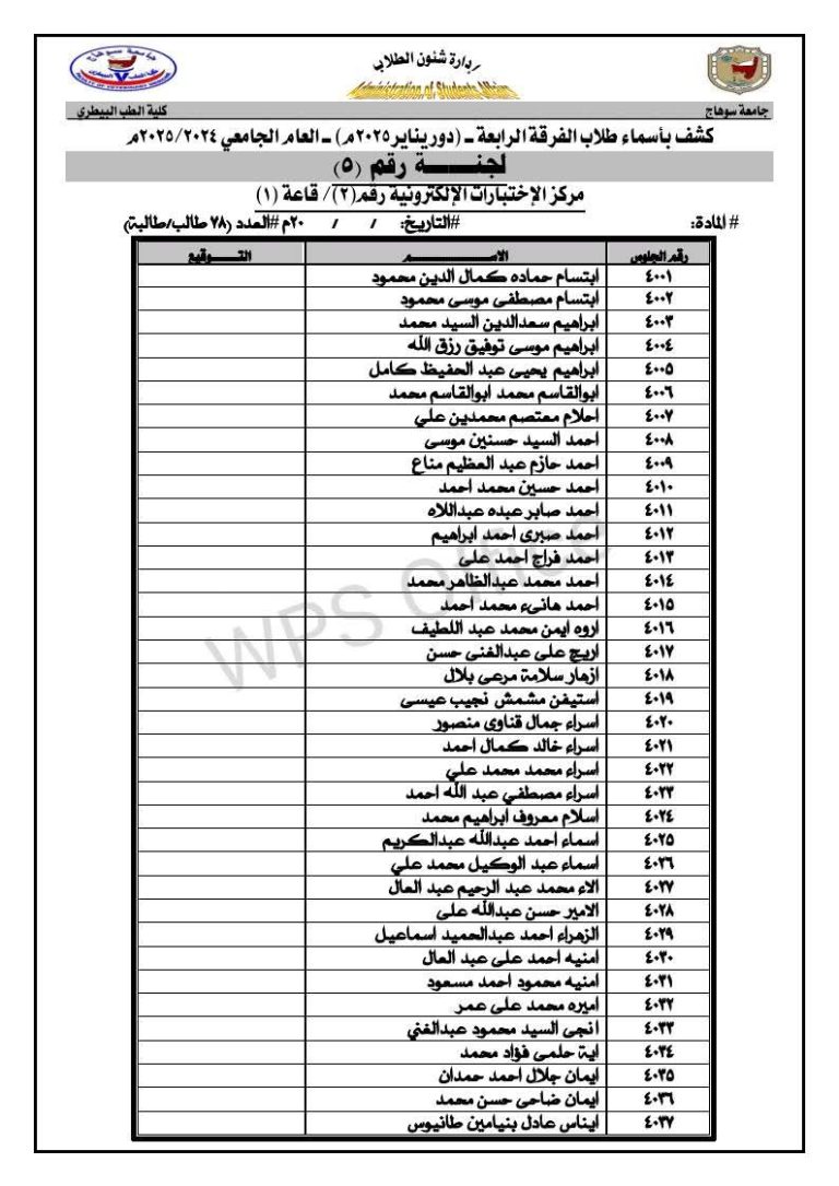 قوائم لجان الإمتحانات بأسماء وأرقام جلوس طلاب الفرقة الدراسية الرابعة بكلية الطب البيطري لإمتحانات الترم الأول (يناير2025م)