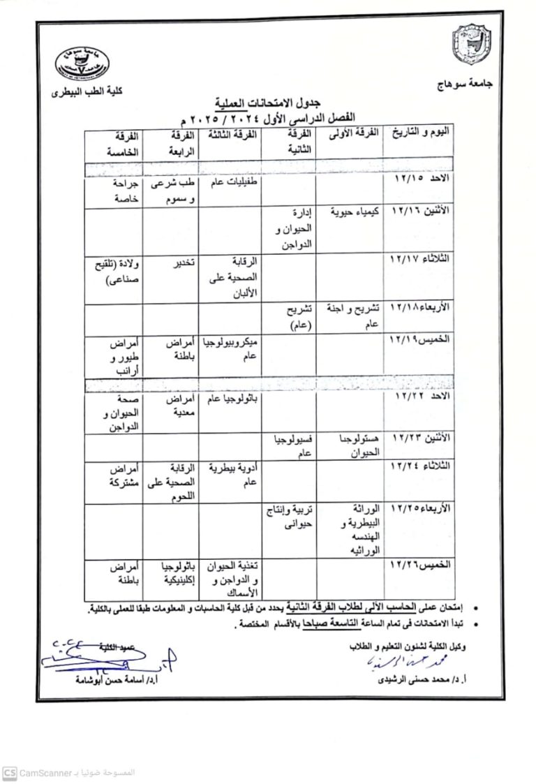 جدول الامتحانات العملية الفصل الدراسي الاول2025/2024