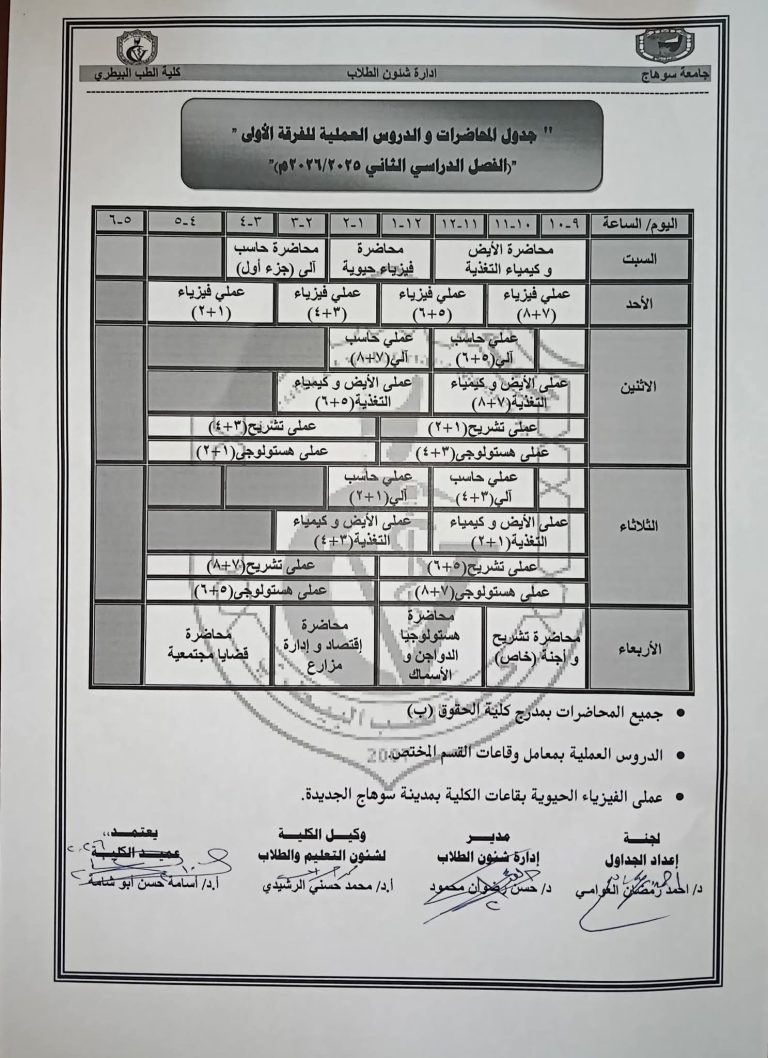 اعلان هام لطلاب الفرقة الأولى