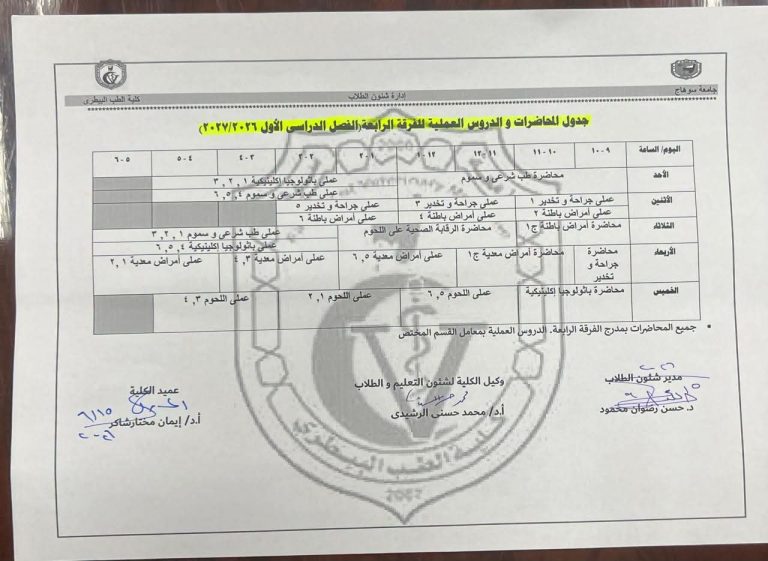جداول المحاضرات الخاصة بالعام الدراسي الجديد 2026/ 2027م